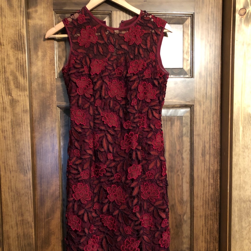 Wine floral lace overlay sheath dress
